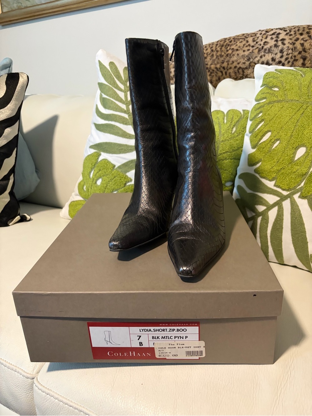Cole Haan Black Croc-Embossed Pointed Toe Mid-Calf Boots